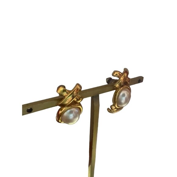 Vintage Gold Tone Faux Pearl Cross Stitch Pierced Earrings - Picture 3 of 6